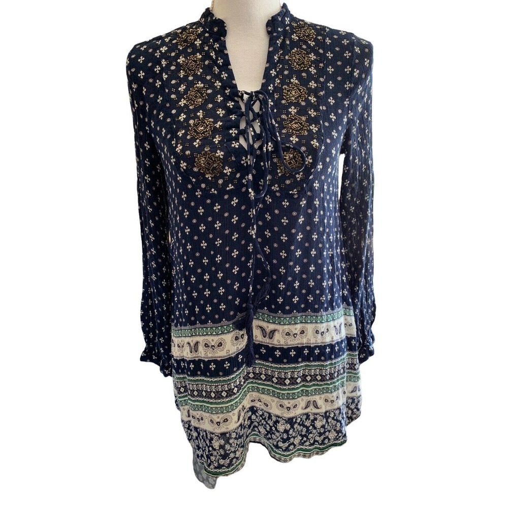 En Creme Small Top Womens Cream Multicolor Boho Peasant Cottagecore Long Sleeve